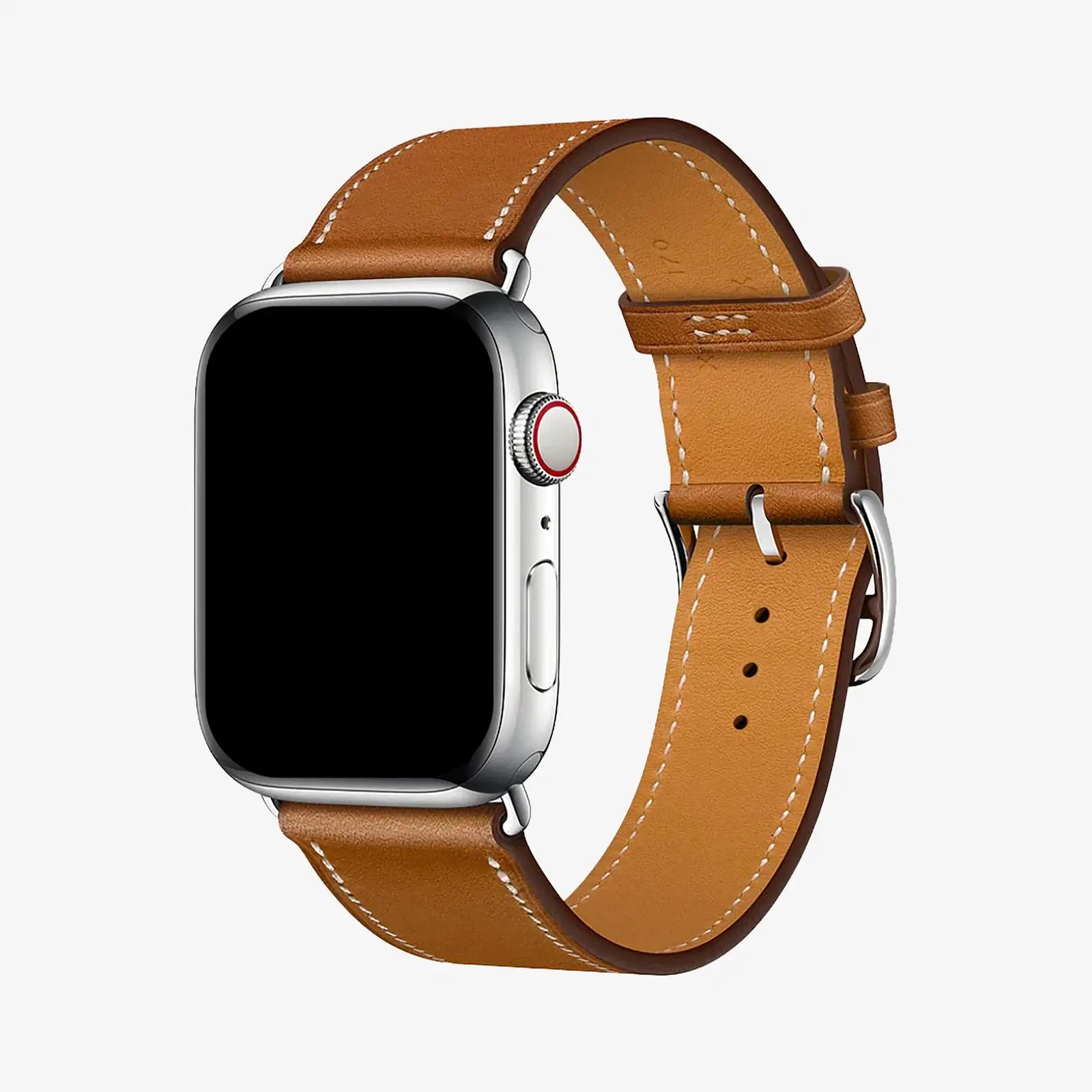 Smartwatch with a brown leather strap on a white background