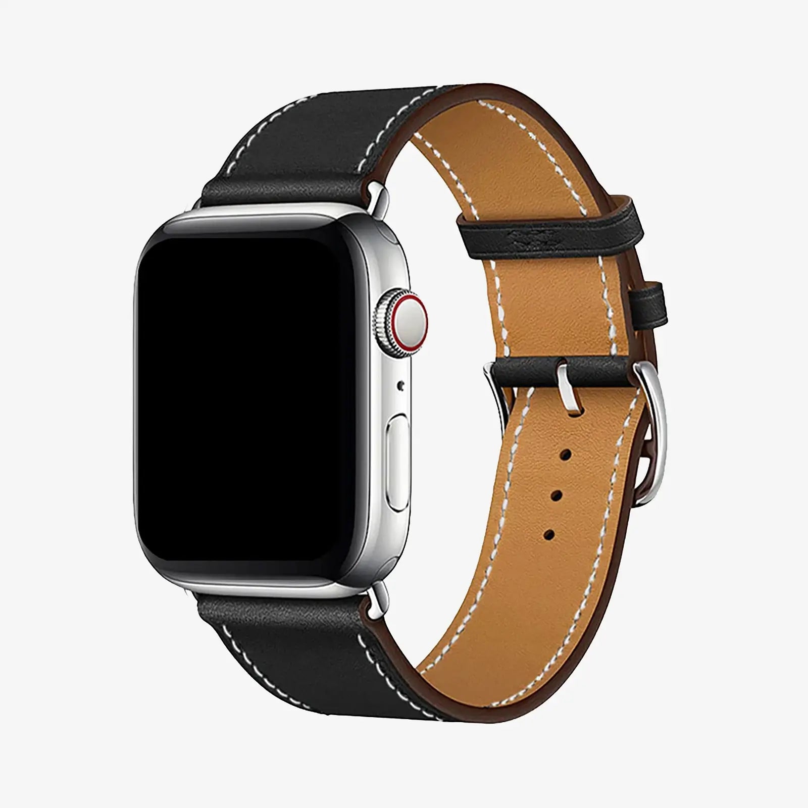 Smartwatch with a black leather strap on a white background