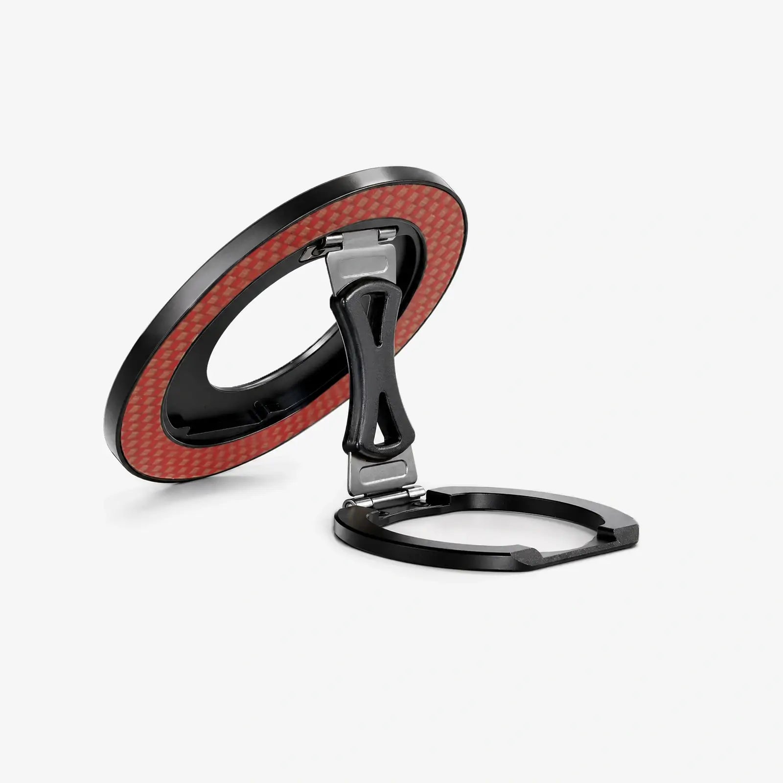 Phone holder with red carbon fiber design on a white background