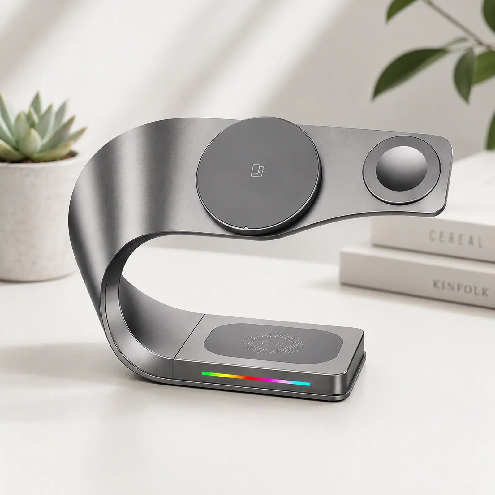 Modern wireless charging device on a white surface with a plant and books in the background