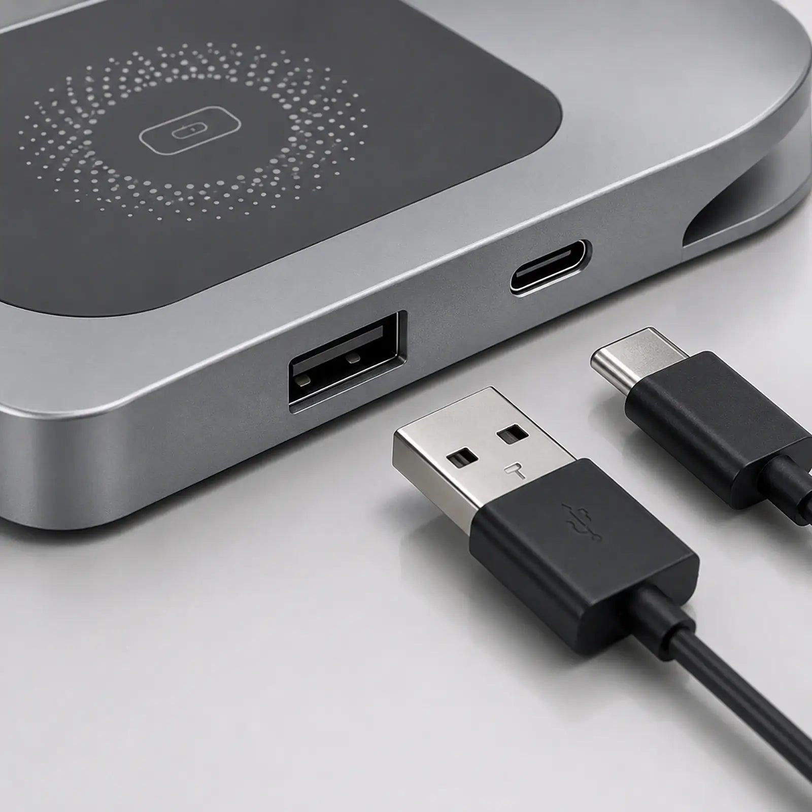 Close-up of a USB-C device with charging cable on a light gray background
