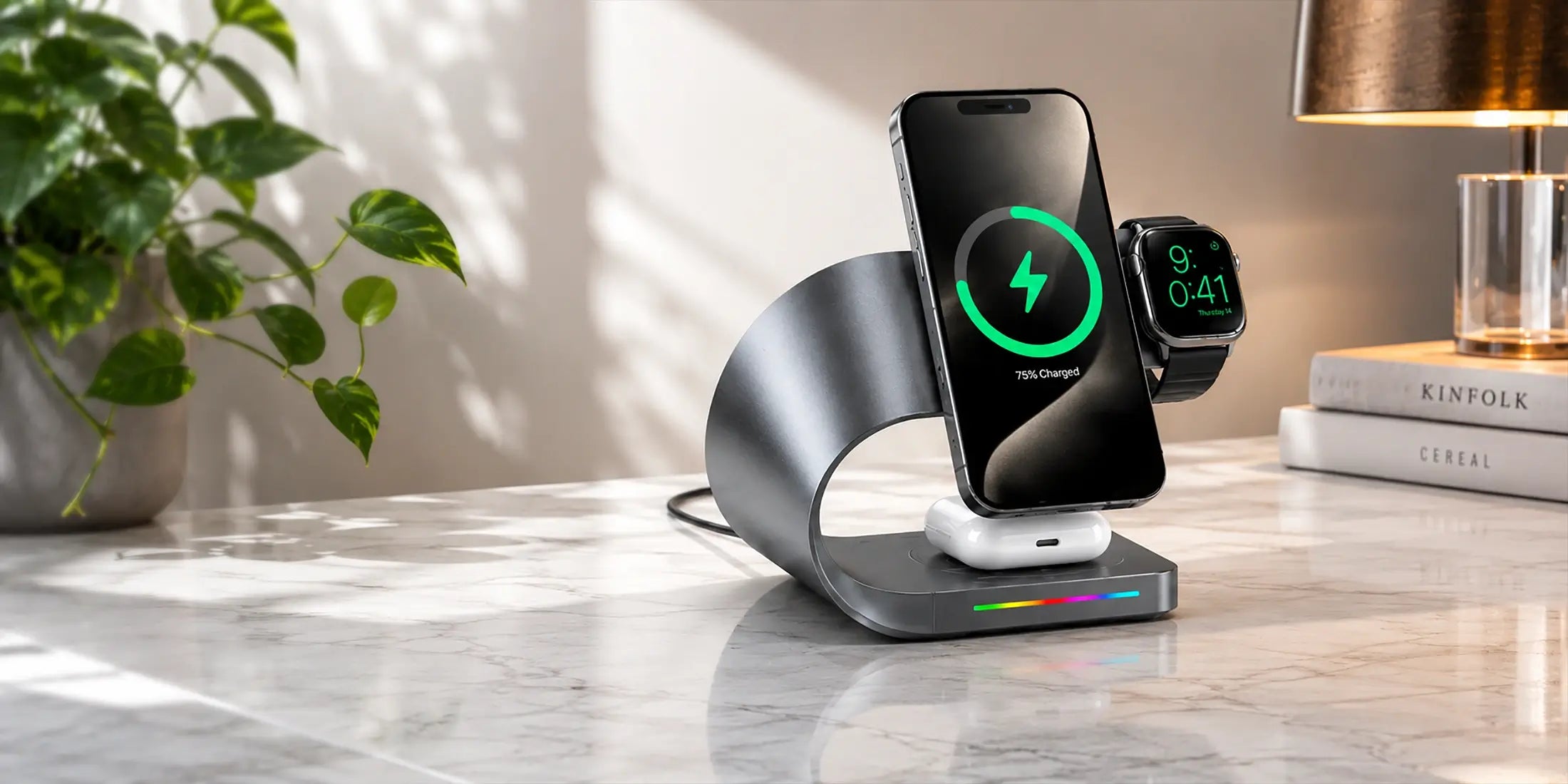 Wireless charging stand with smartphone, smartwatch, and tablet on a marble surface.