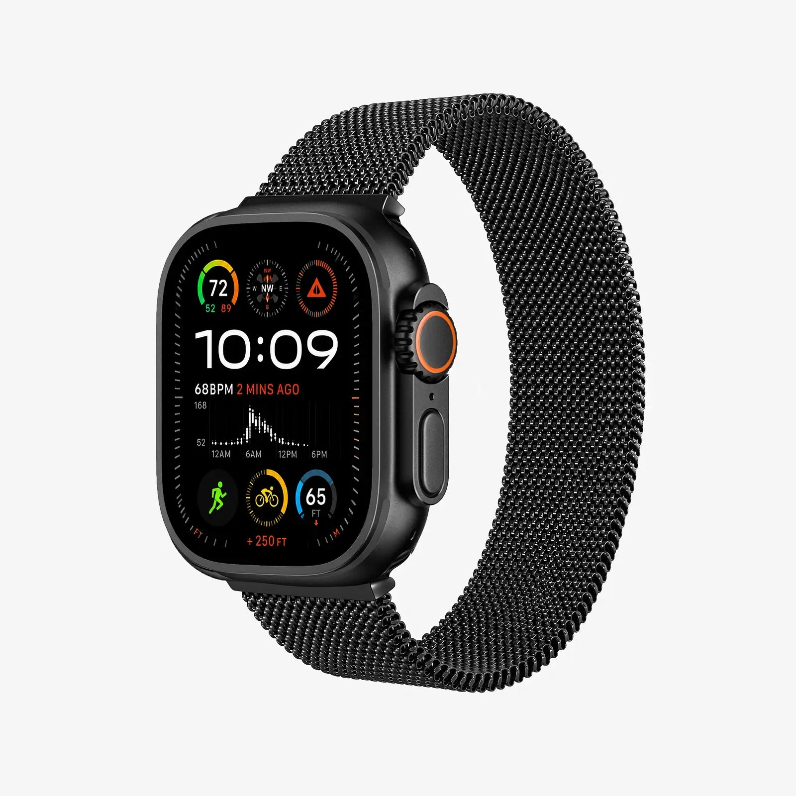 Smartwatch with a black mesh band on a light gray background