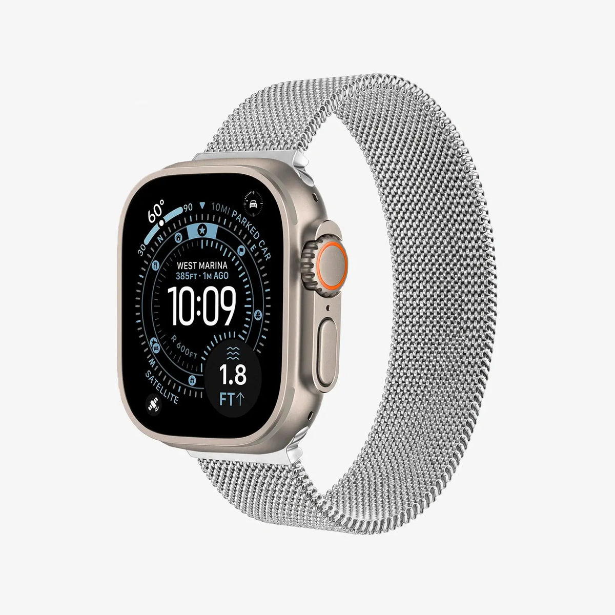 Smartwatch with a metallic band on a white background