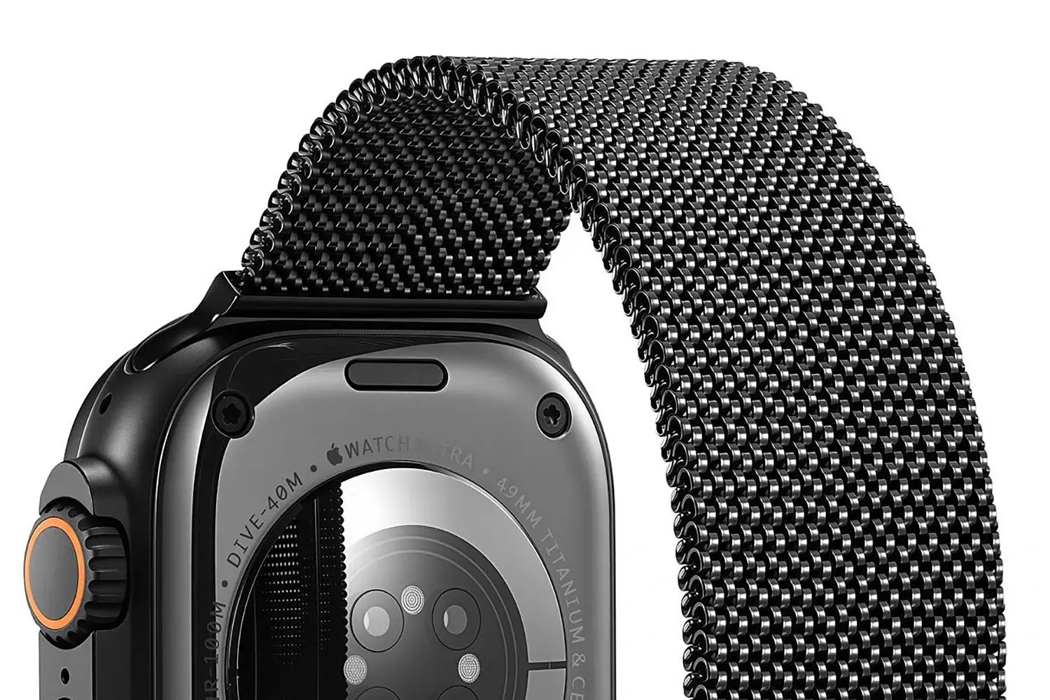 Smartwatch with a black woven band on a white background