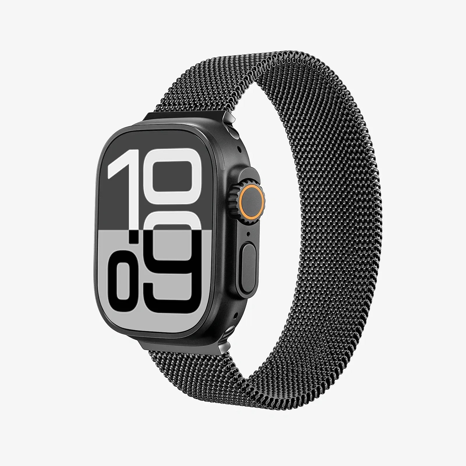 Smartwatch with a black mesh band on a white background