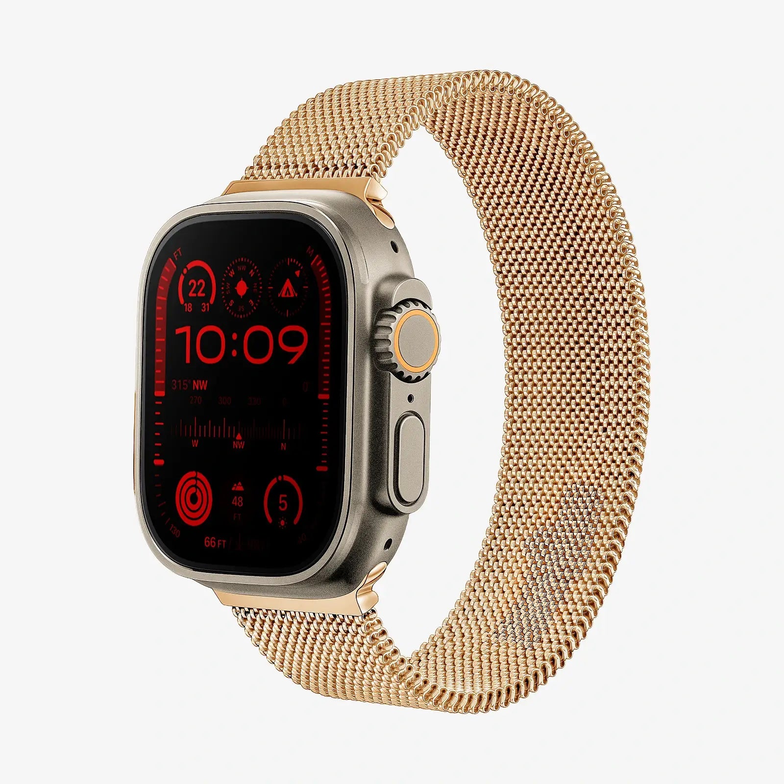 Smartwatch with a gold mesh band on a white background
