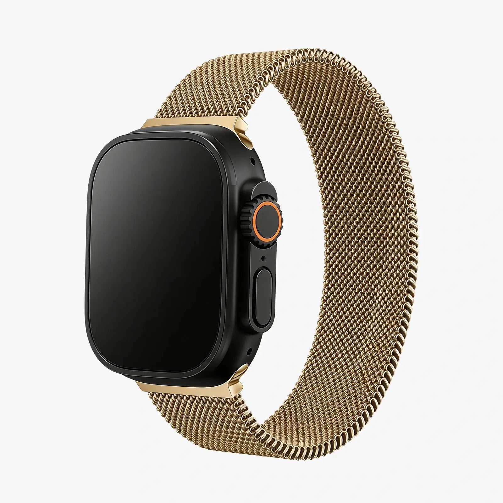 Smartwatch with a gold mesh band on a white background