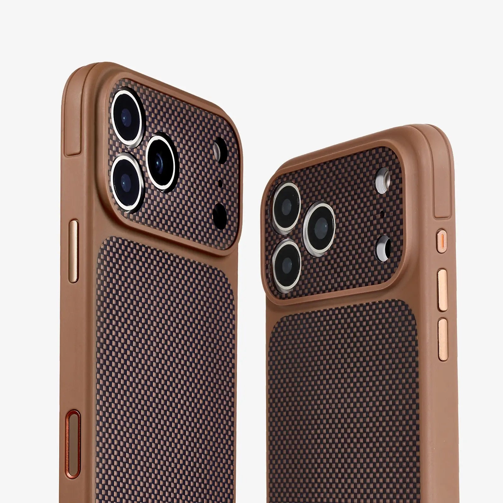 Brown textured phone case with camera cutout on a white background