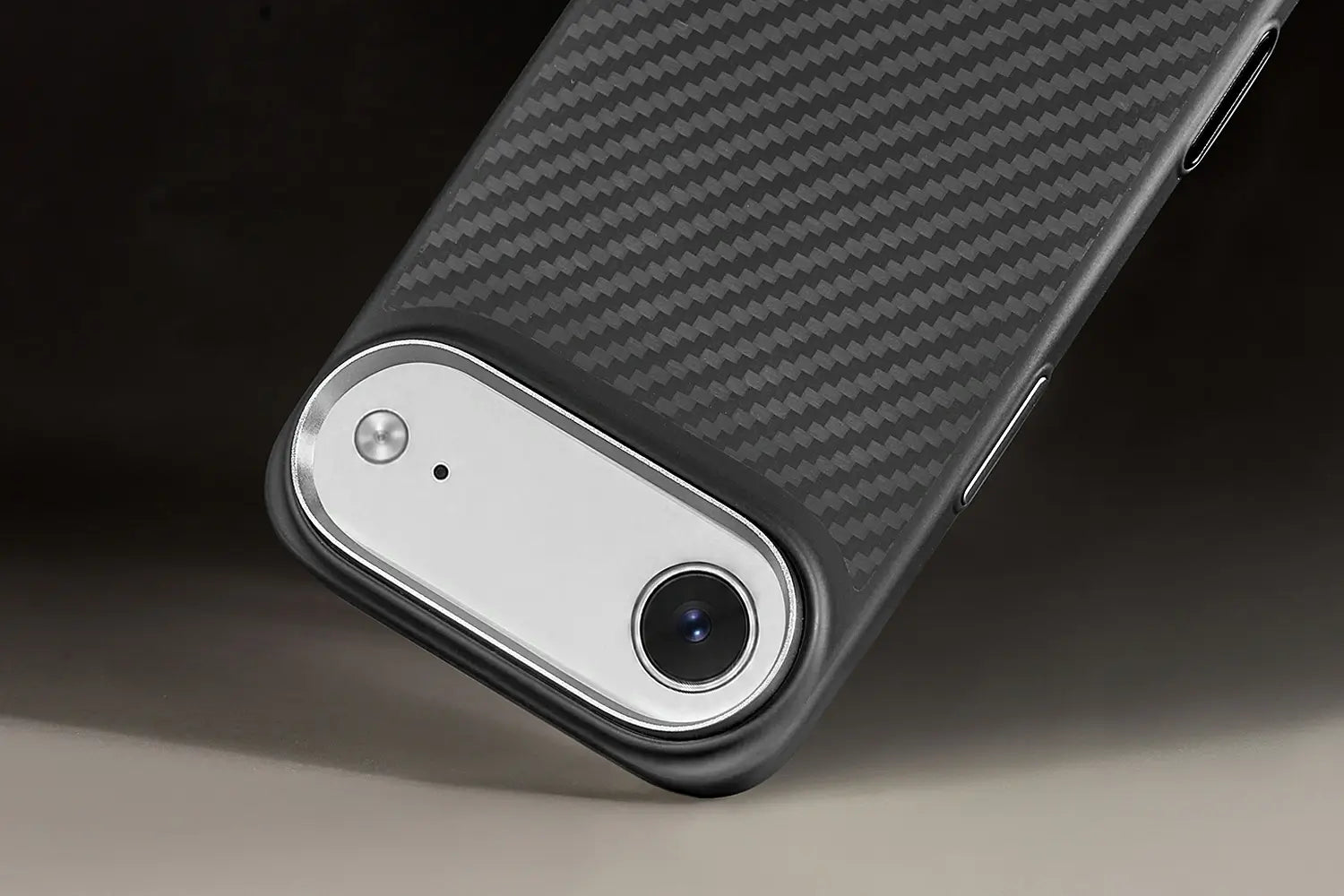 Phone case with carbon fiber texture on a dark background