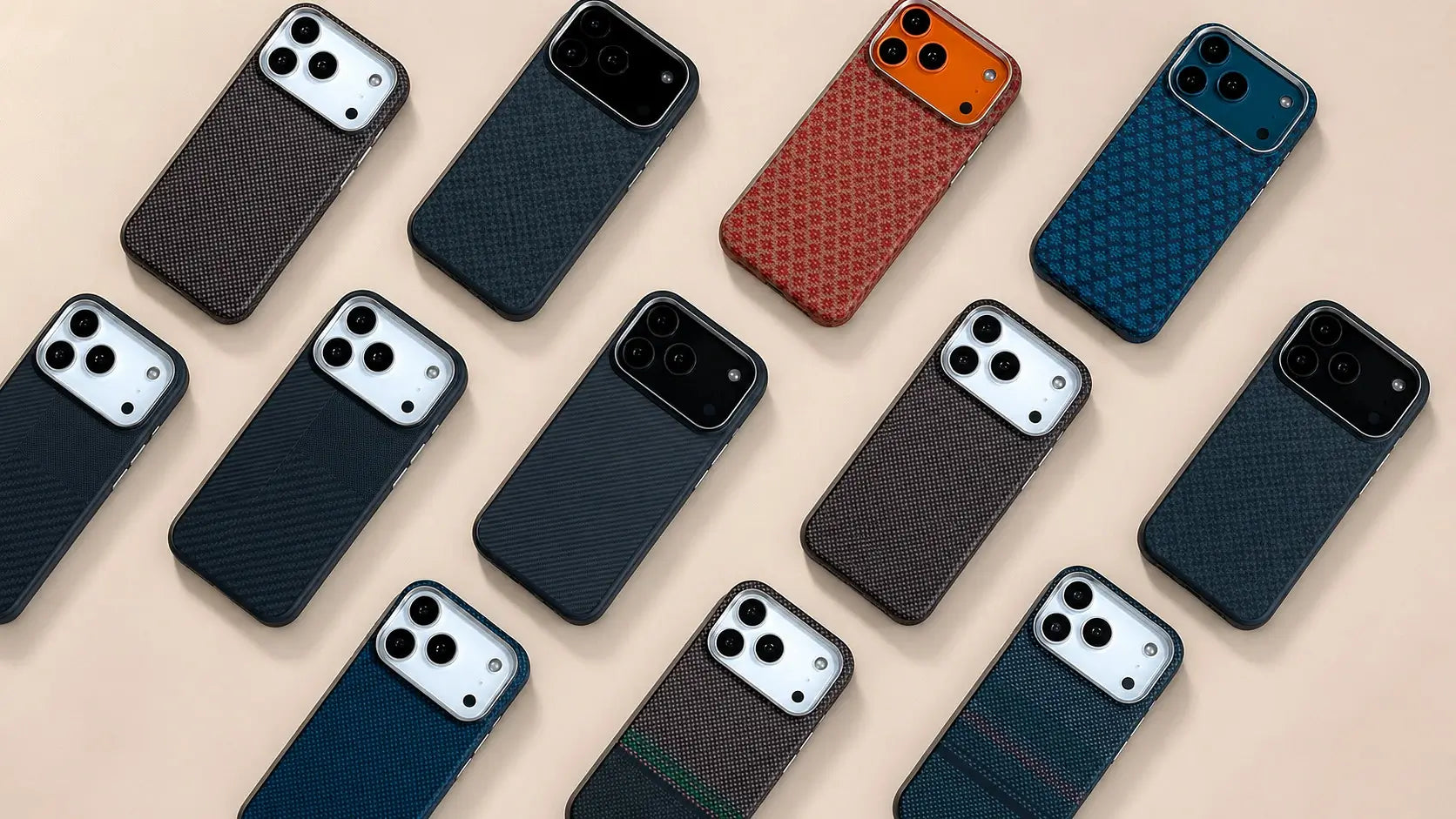 TPU vs PC vs silicone vs aramid fiber phone case materials comparison showing texture and structure differences on desk surface