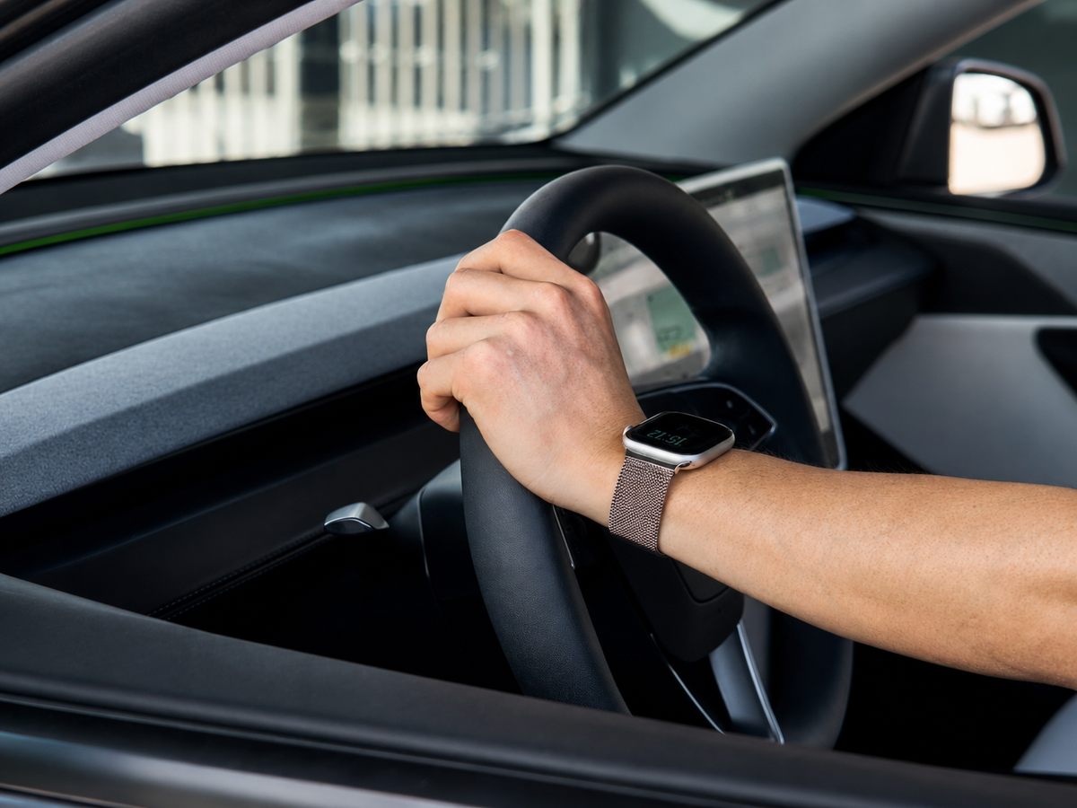 Person driving a car wearing a magnetic mesh Apple Watch band on their wrist