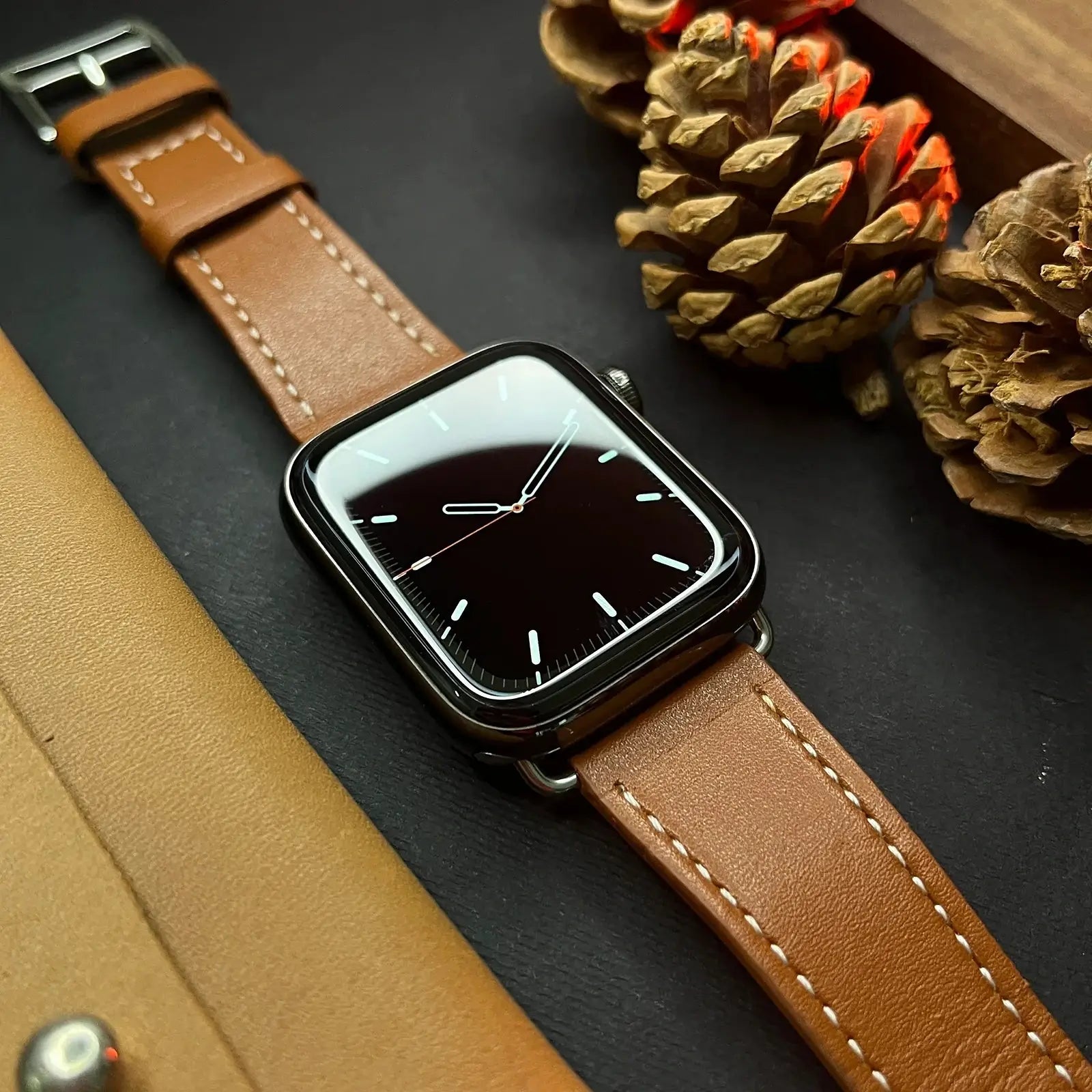 Smartwatch with brown leather strap on a dark surface with pine cones