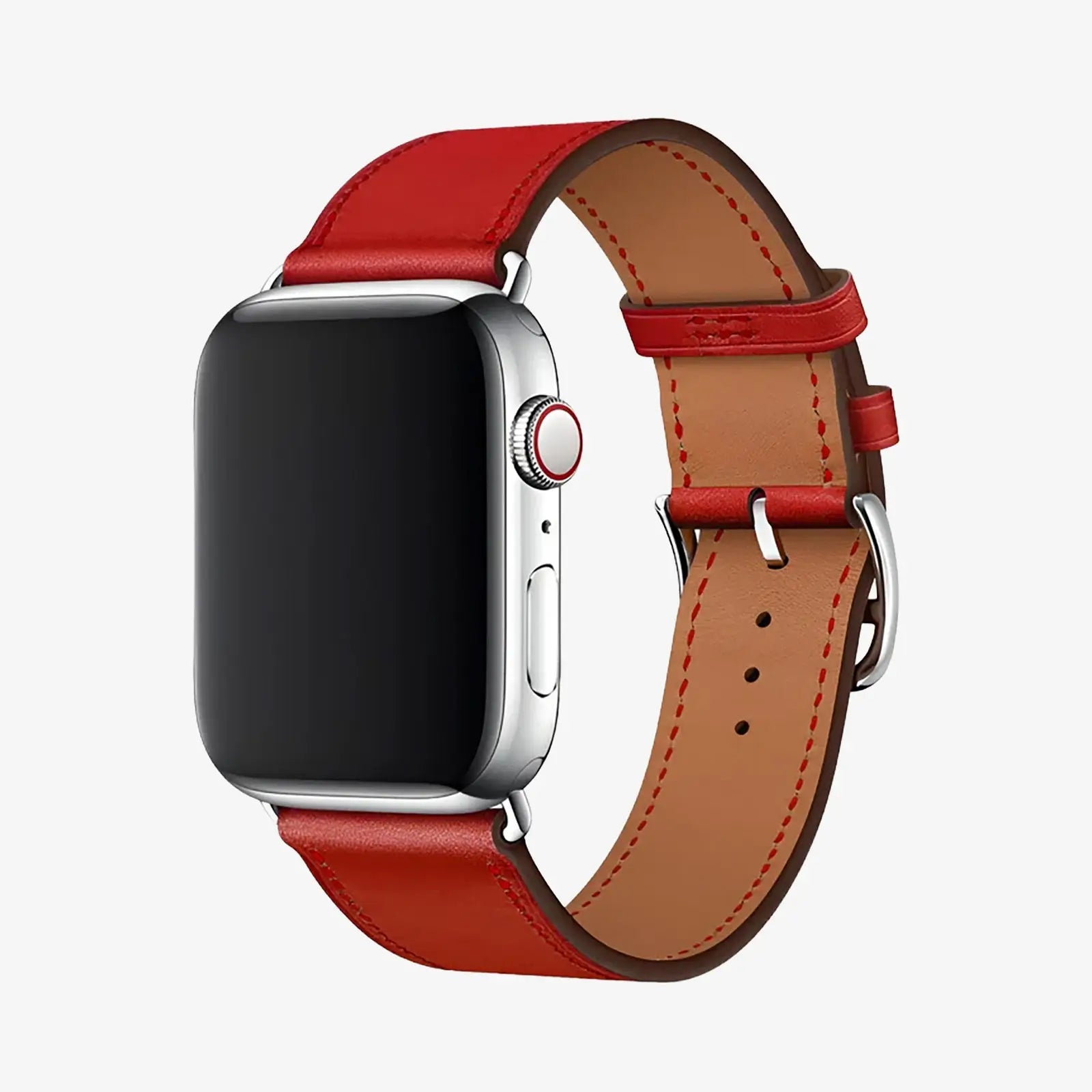 Smartwatch with a red leather strap on a white background