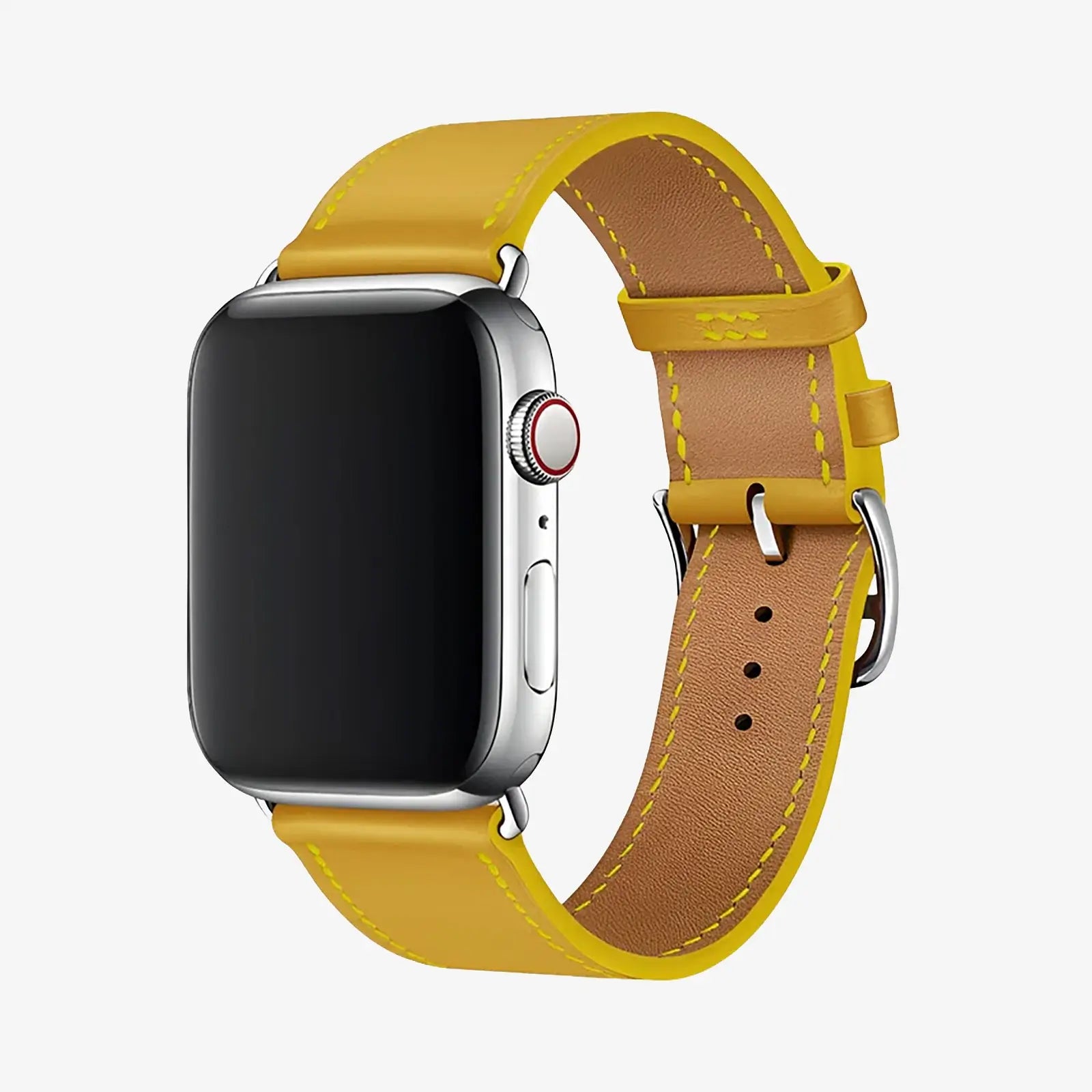 Smartwatch with a yellow leather strap on a white background