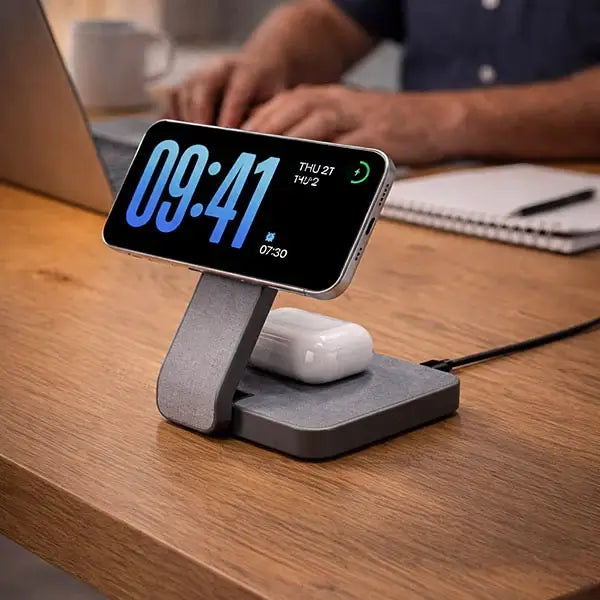 Smartphone with digital clock display on a stand with wireless charger on a desk.