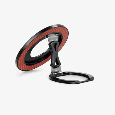 Phone holder with red carbon fiber design on a white background