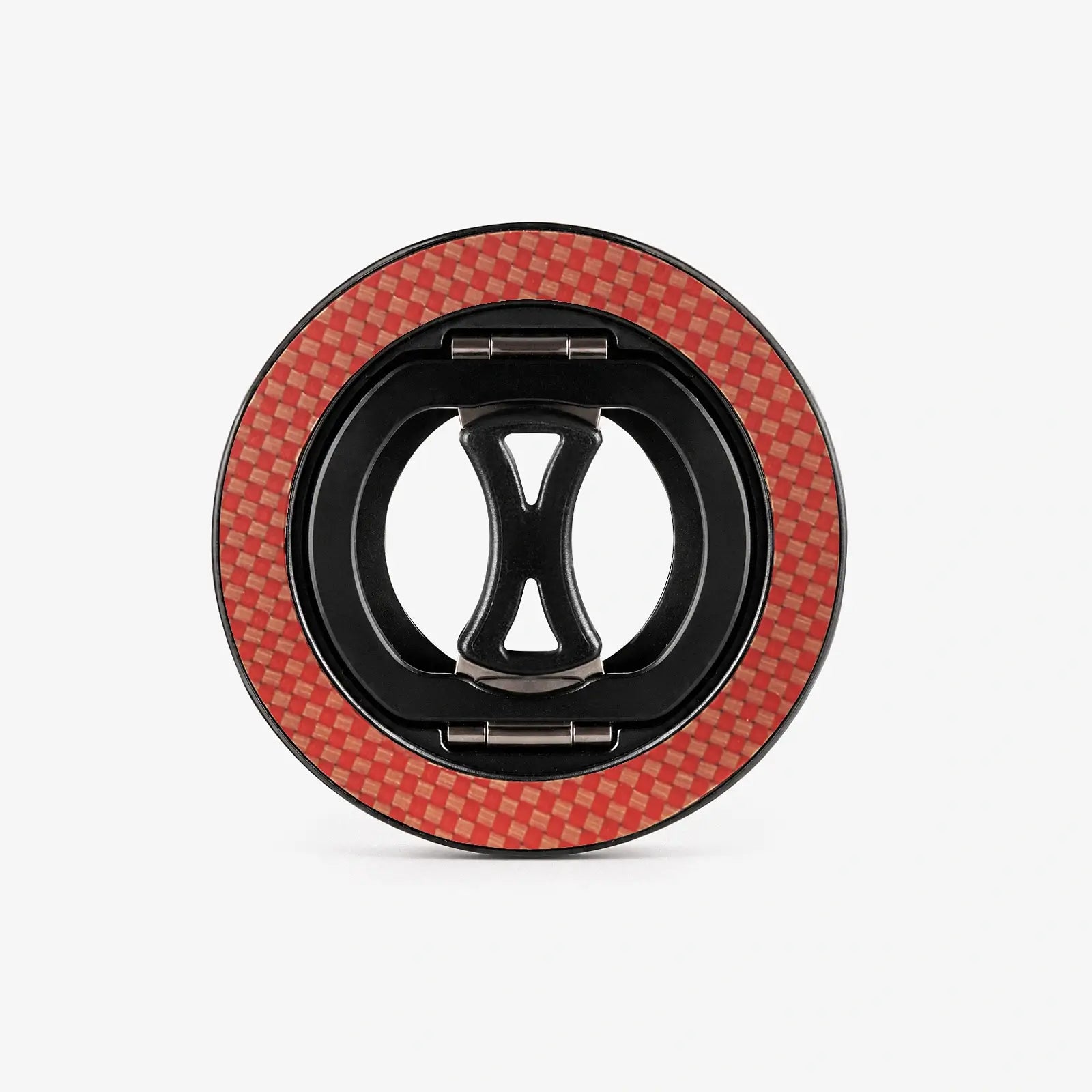 Phone ring holder with red carbon fiber design on a white background