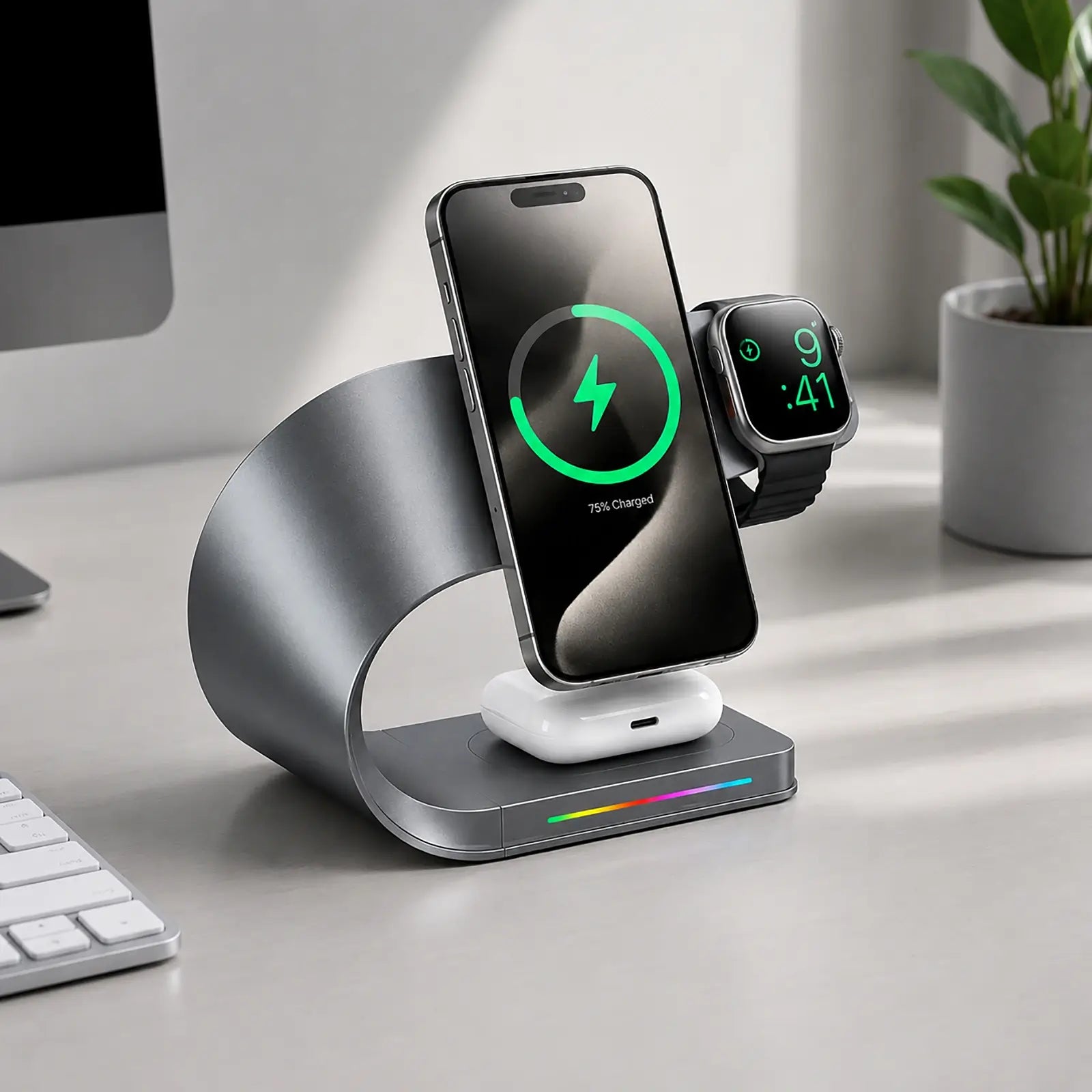 Wireless charging station with smartphone and smartwatch on a desk