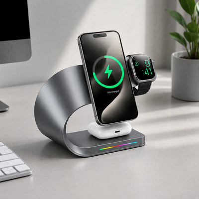 Wireless charging station with smartphone and smartwatch on a desk