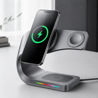 Wireless charging station with smartphone on a white surface