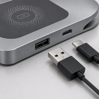 Close-up of a USB-C device with charging cable on a light gray background