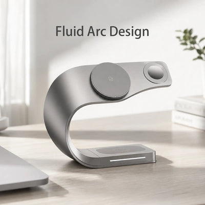 Modern wireless charging pad with 'Fluid Arc Design' text on a light background