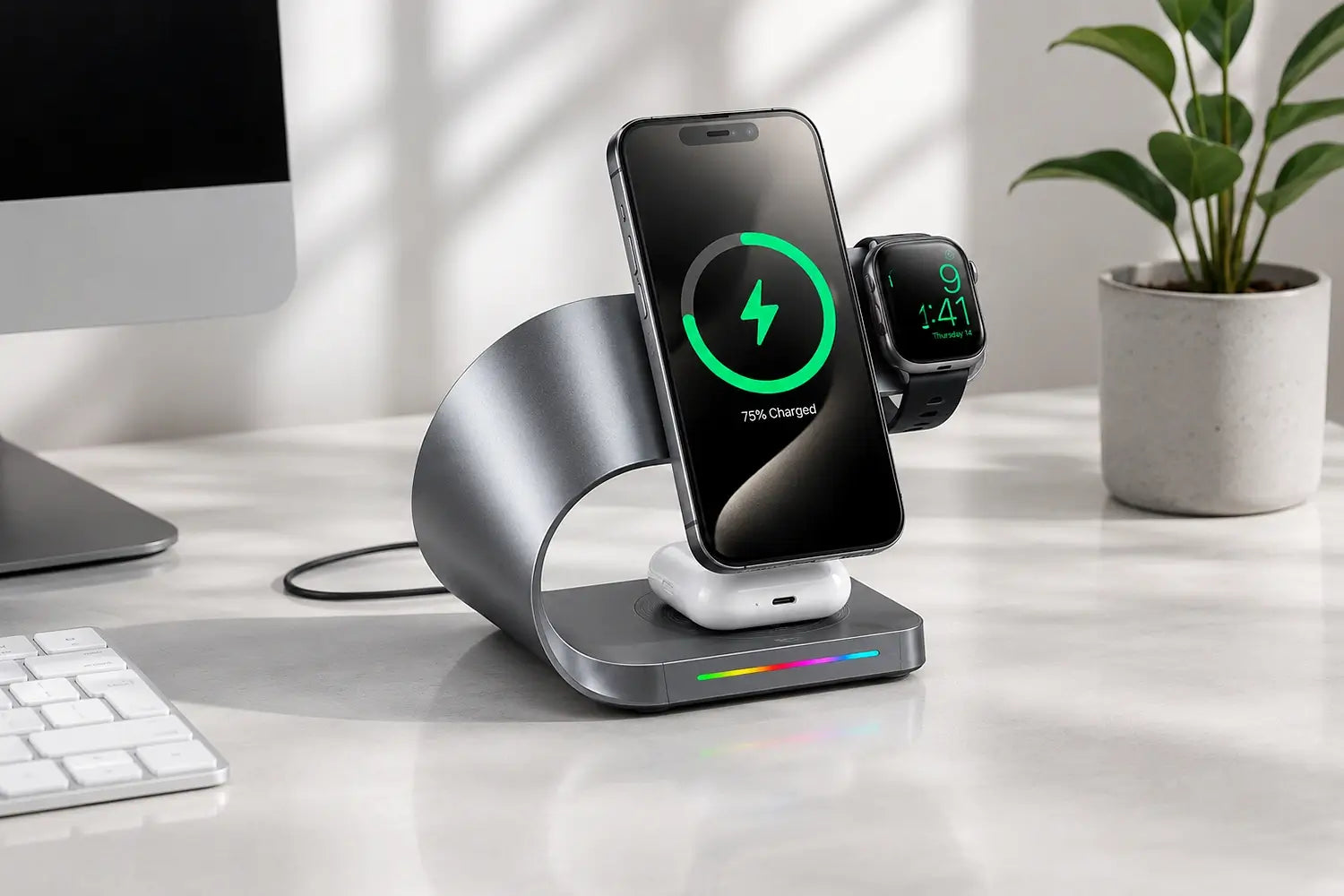 Multi-device charging station with smartphone, smartwatch, and computer on a desk.