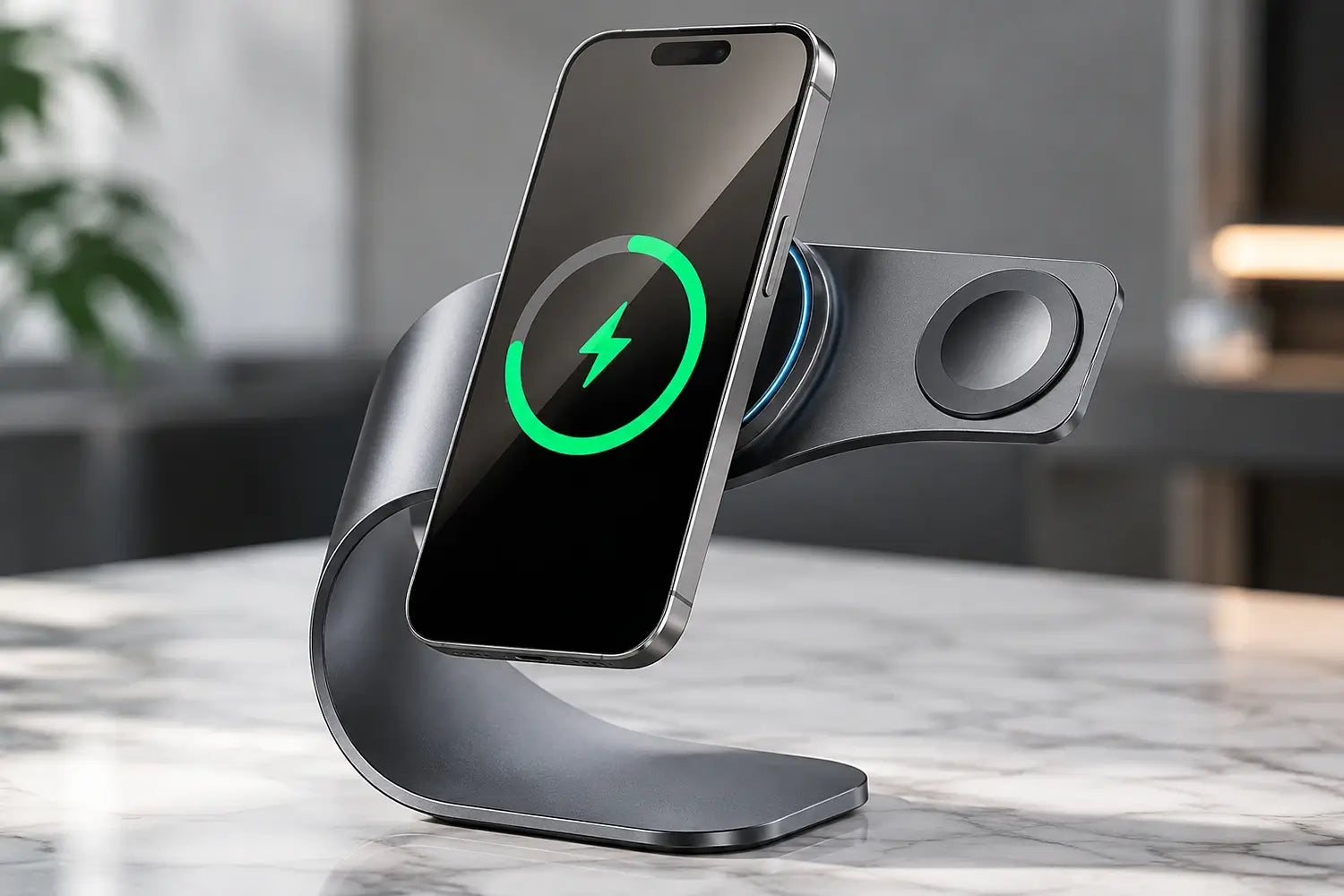 Wireless charging stand with a smartphone on a marble surface