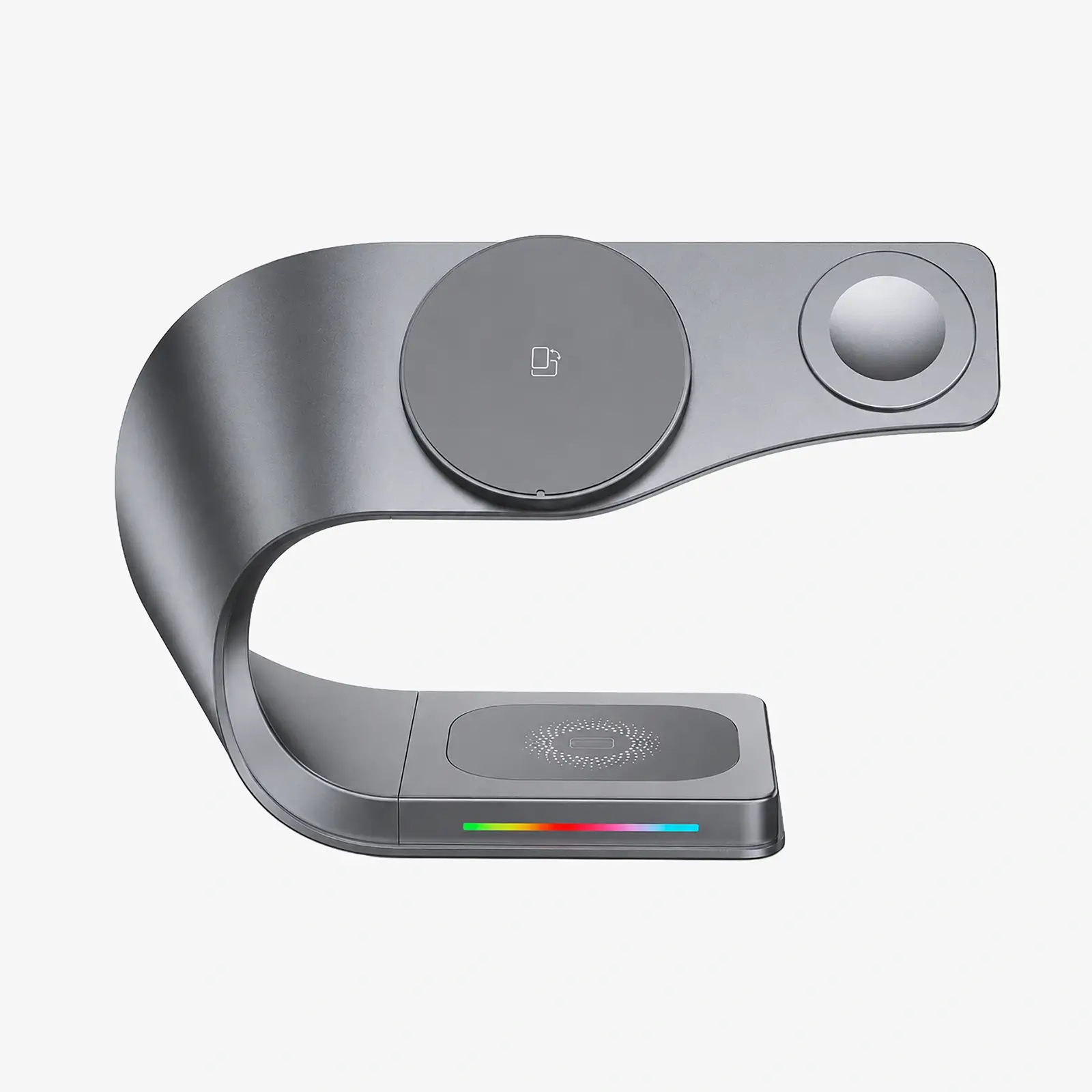 Gray electronic device with wireless charging pad on a white background