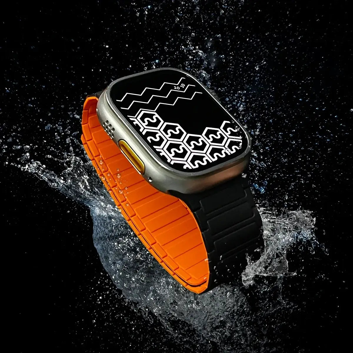Smartwatch with an orange band splashing in water on a black background