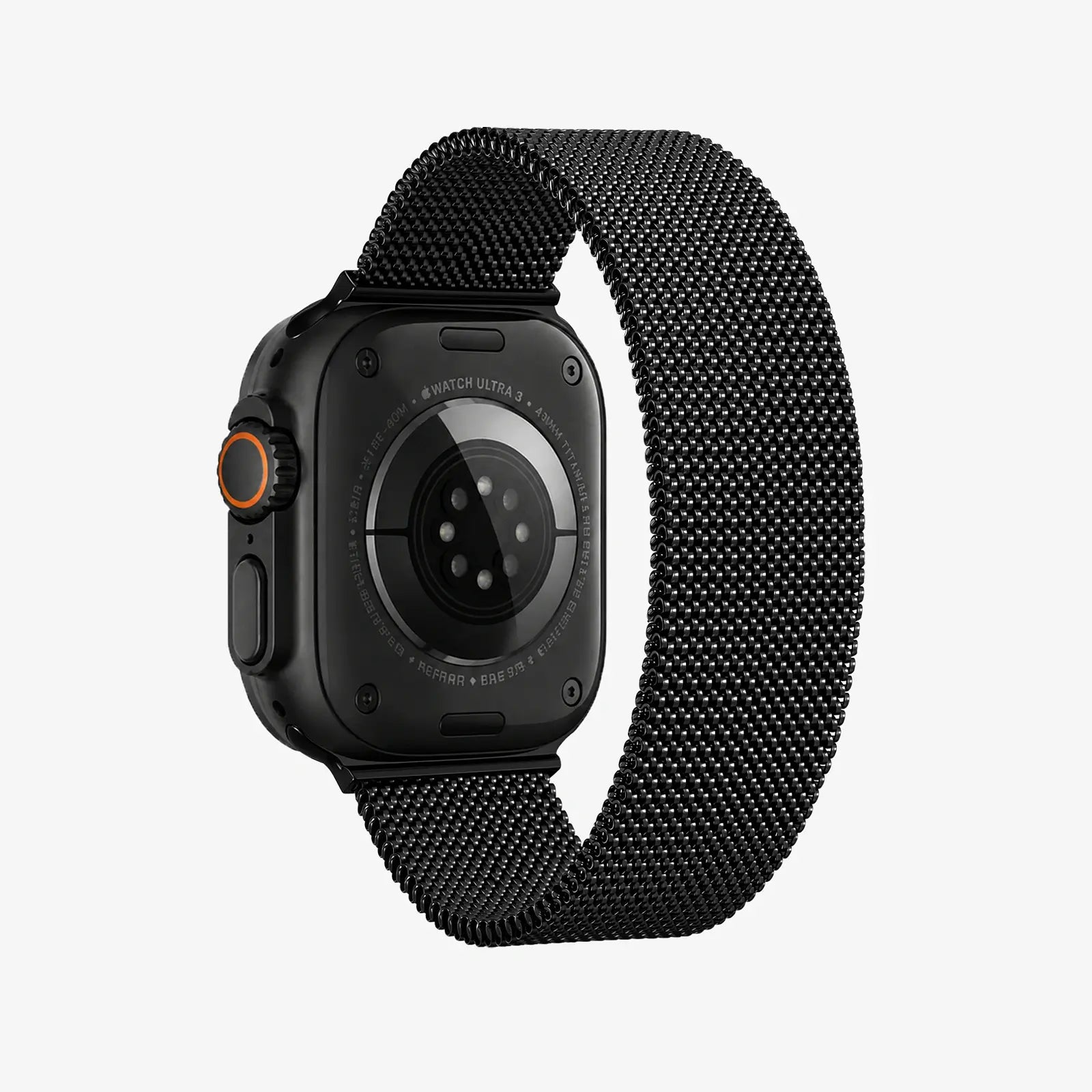 Smartwatch with a black mesh band on a light gray background