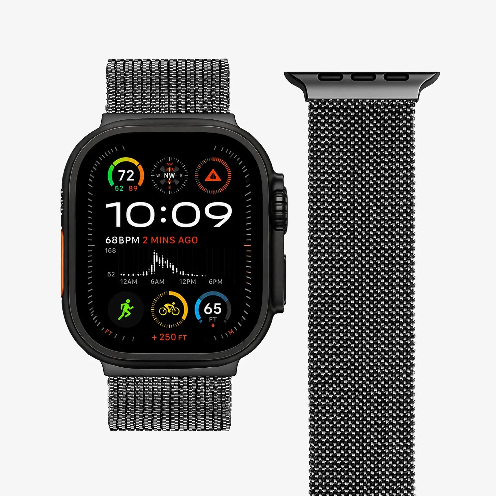 Smartwatch with a black mesh band on a white background