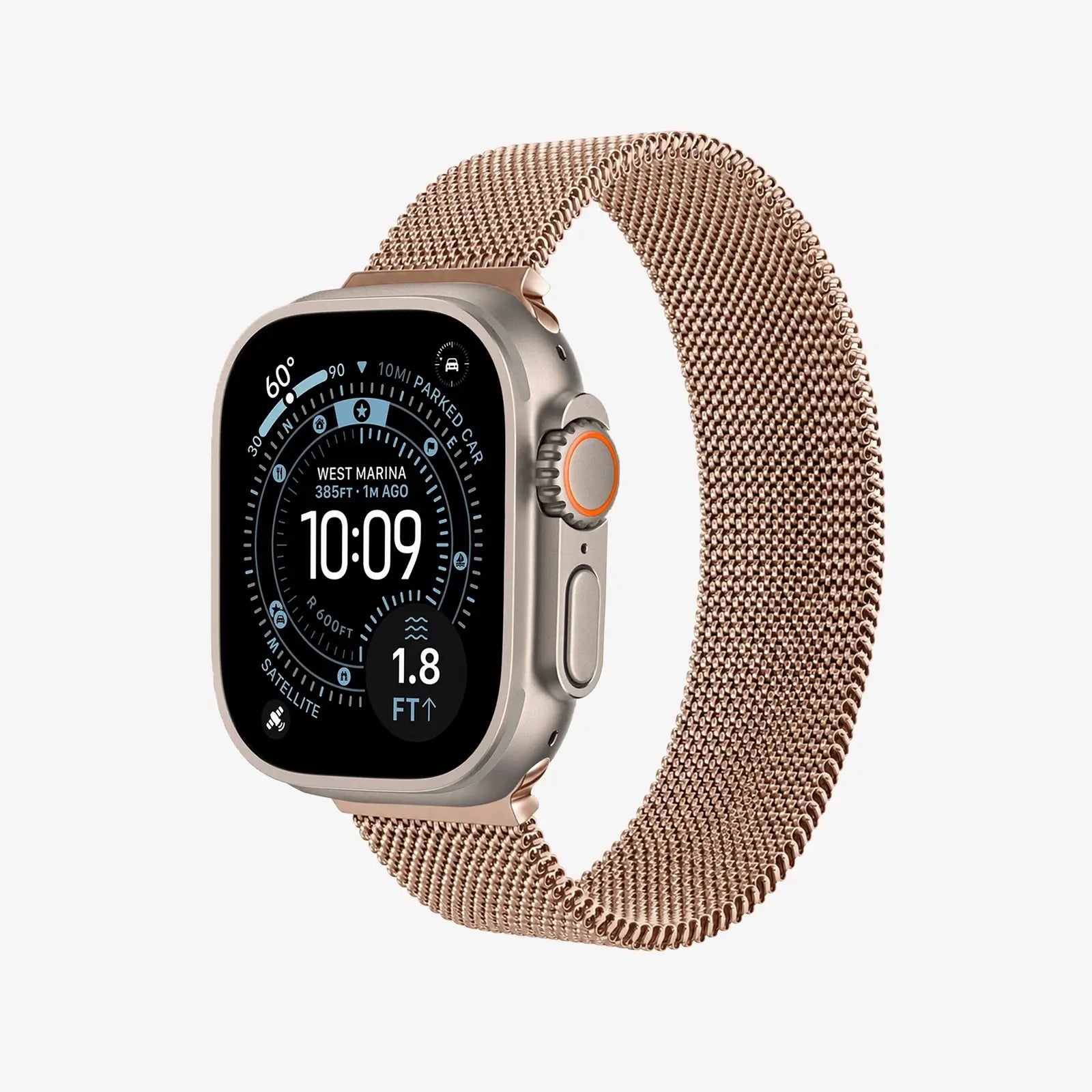 Smartwatch with a gold mesh band on a white background
