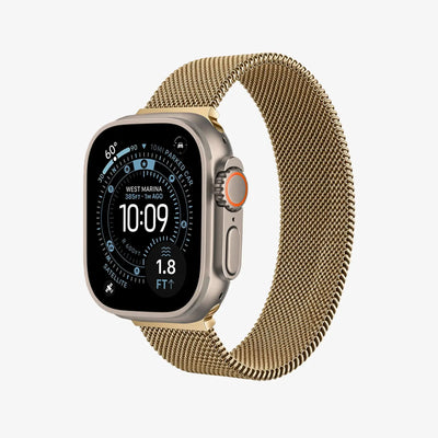 Smartwatch with a gold mesh band on a white background