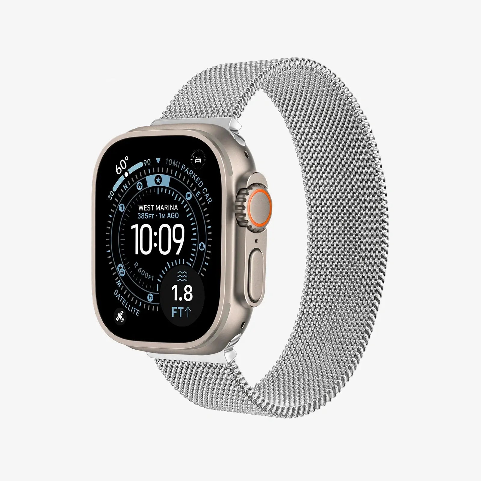 Smartwatch with a metallic band on a white background