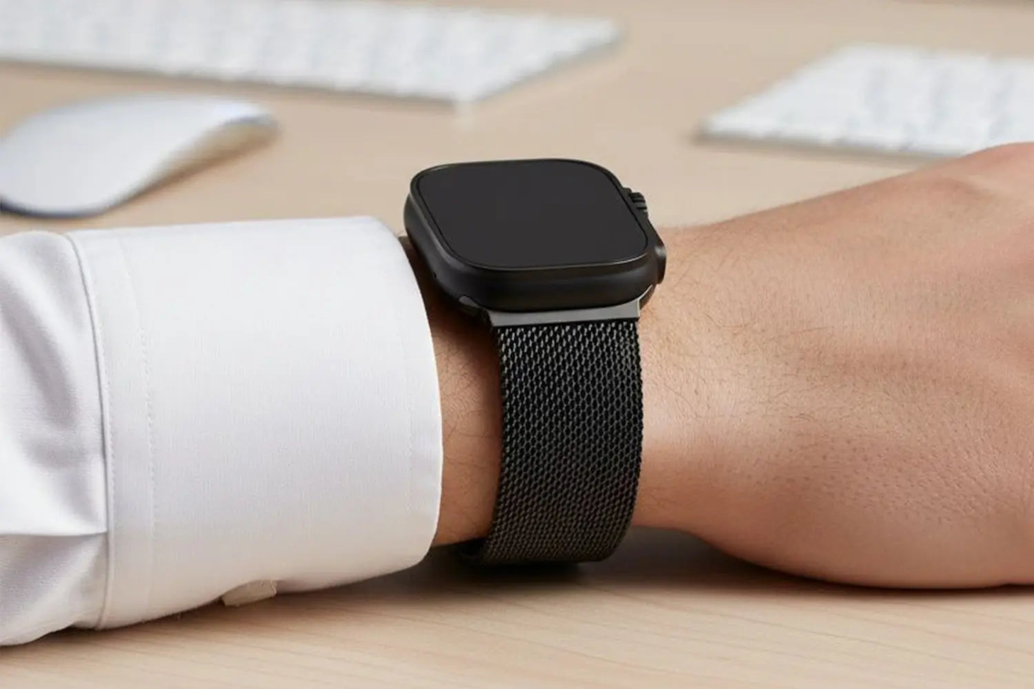 Smartwatch with a black mesh band on a person's wrist, with a blurred office background.