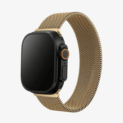 Smartwatch with a gold mesh band on a white background