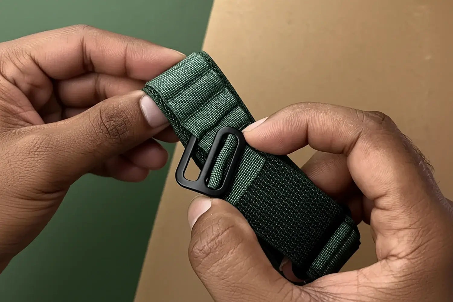 Green tactical belt with a black buckle held by hands against a neutral background