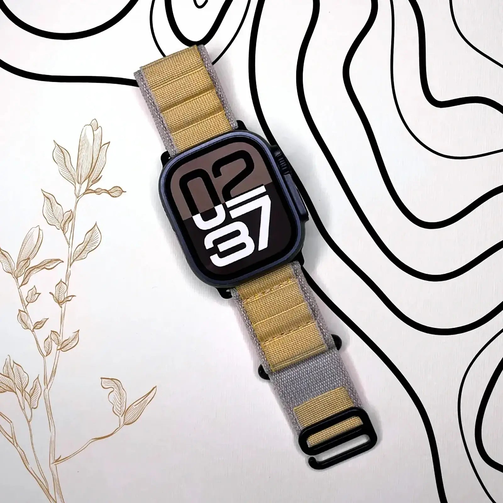 Smartwatch with a beige and gray strap on a white background with black line art