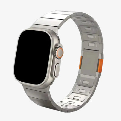 Silver smartwatch with a metallic band on a white background