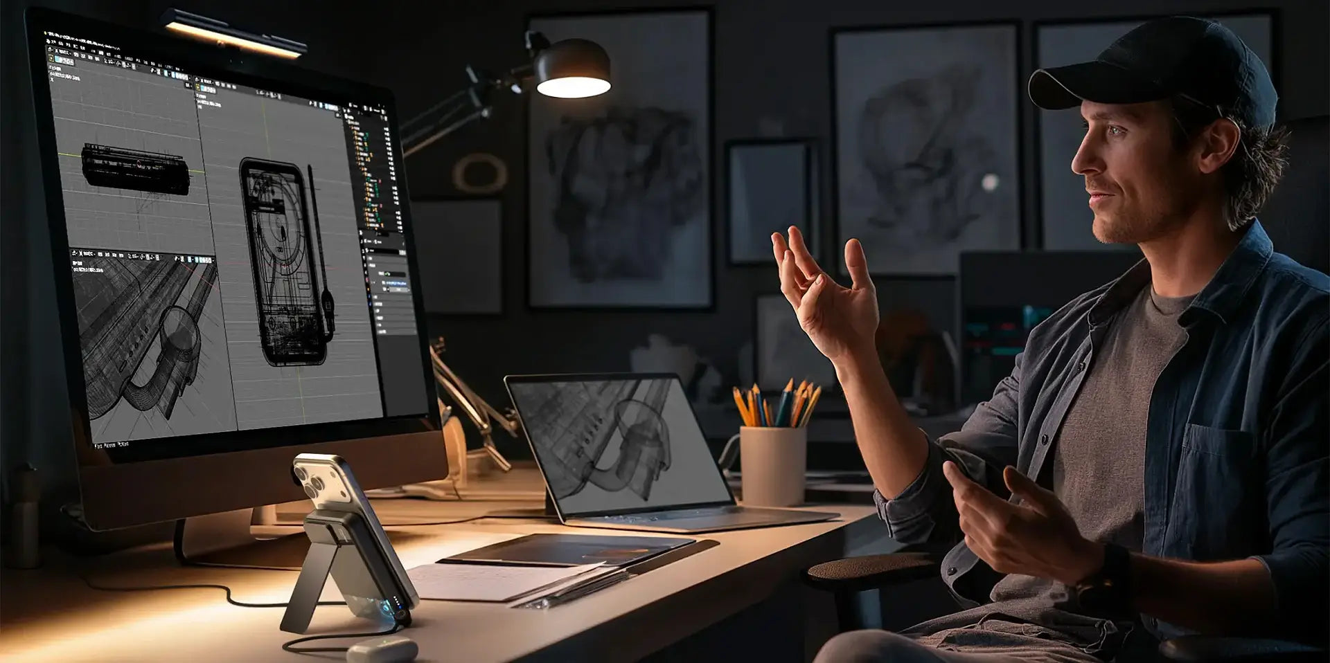 Person in a dark room with computer setup, including a monitor, laptop, and phone.