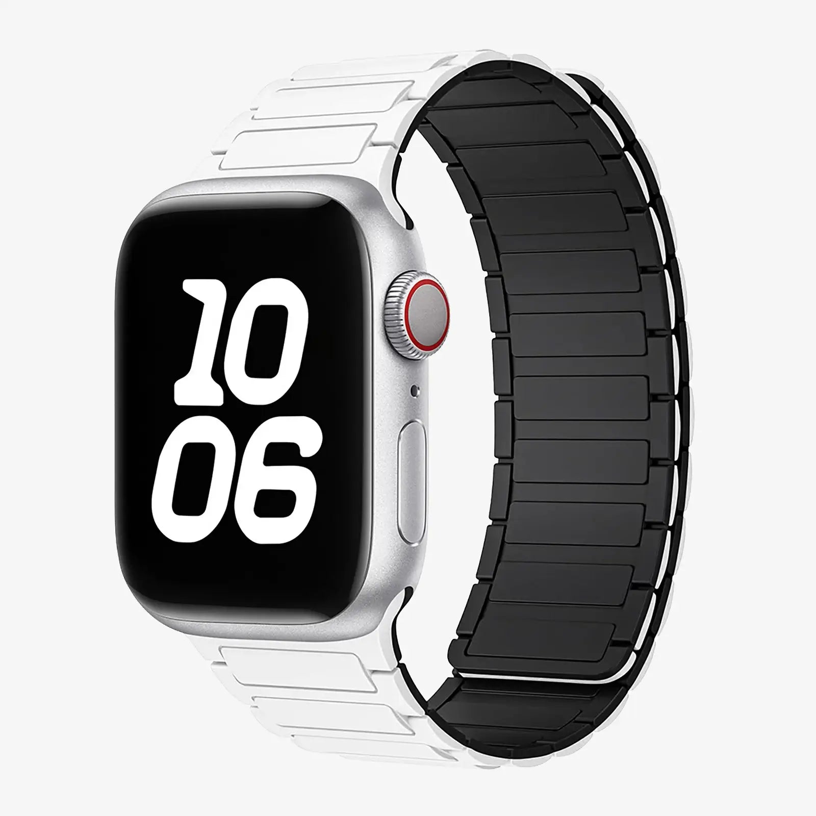 Smartwatch with a black and silver band on a white background