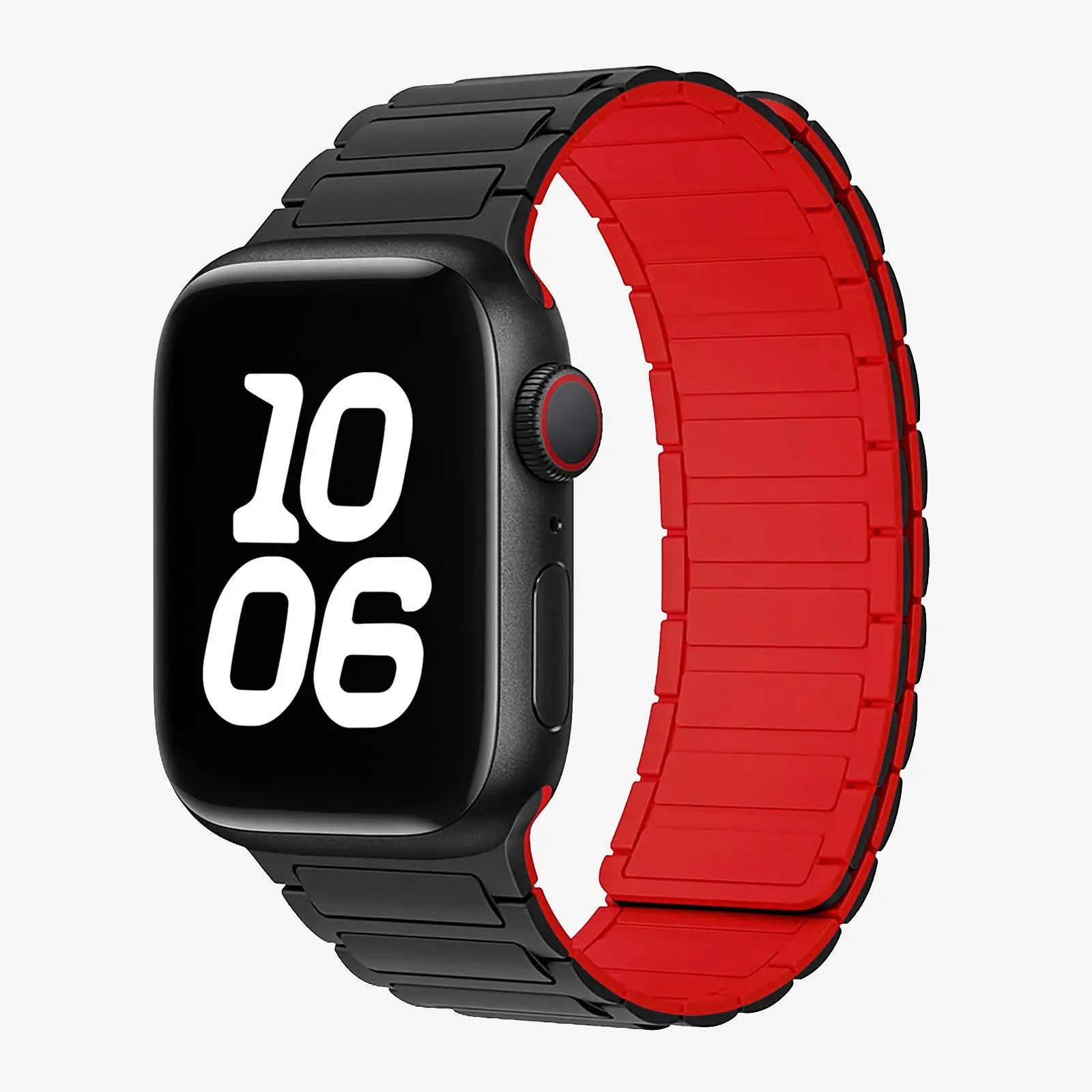 Smartwatch with a black case and red band on a white background