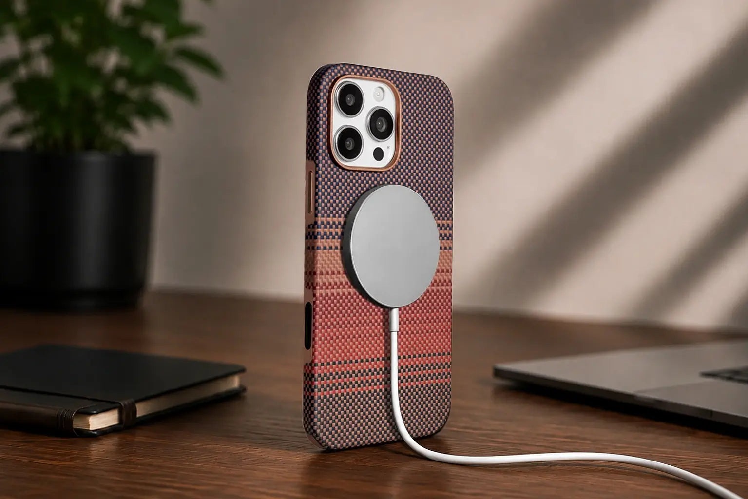 Phone case with magnetic charging pad on a wooden surface