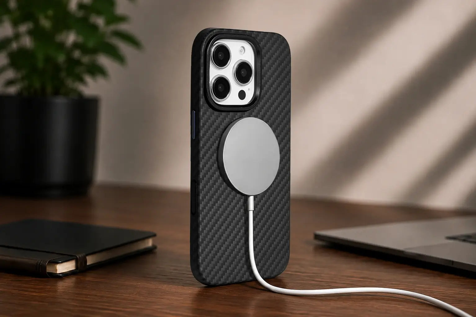 Phone case with magnetic charging cable on a desk with laptop and notebook