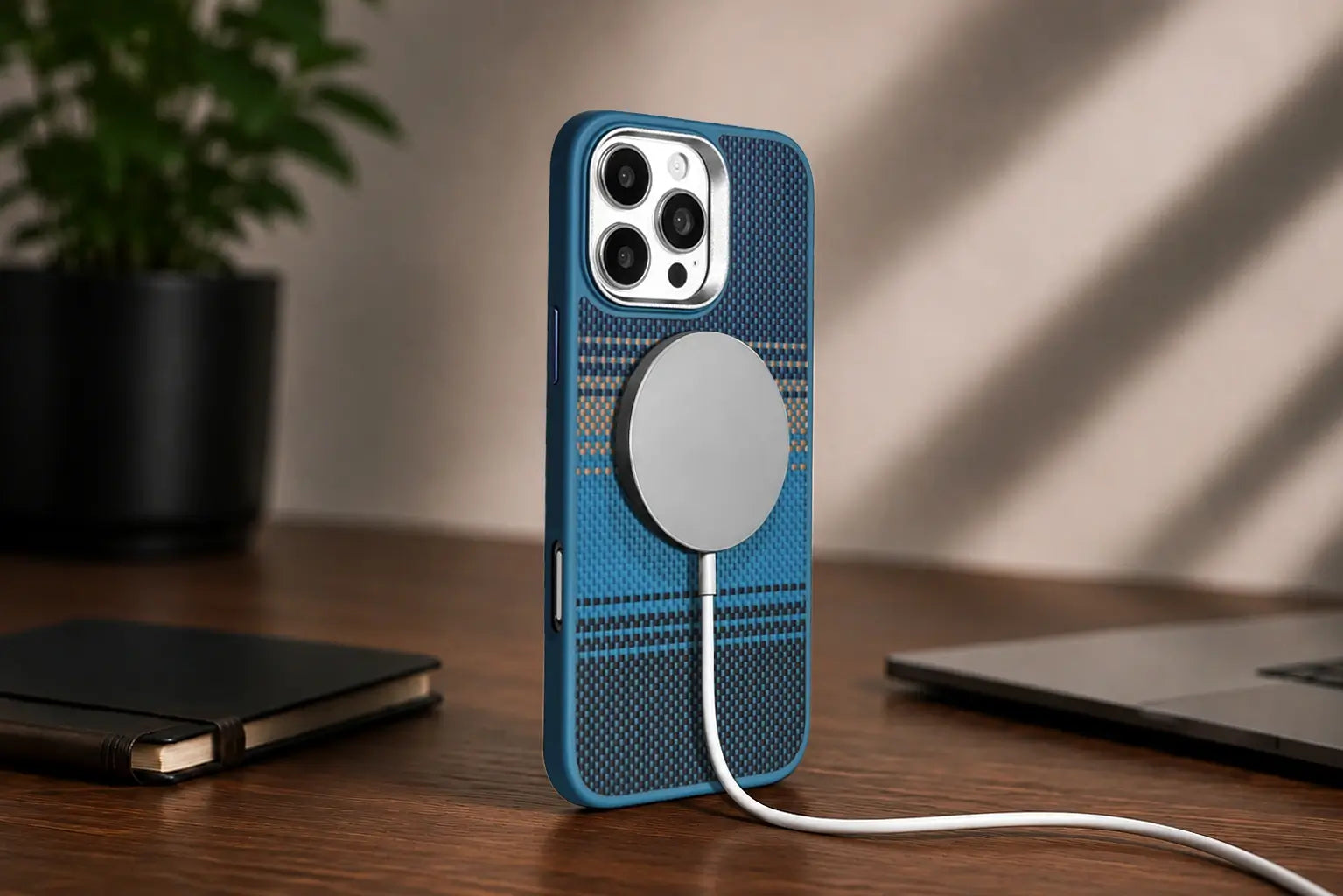 Blue phone case with a charging cable on a wooden surface