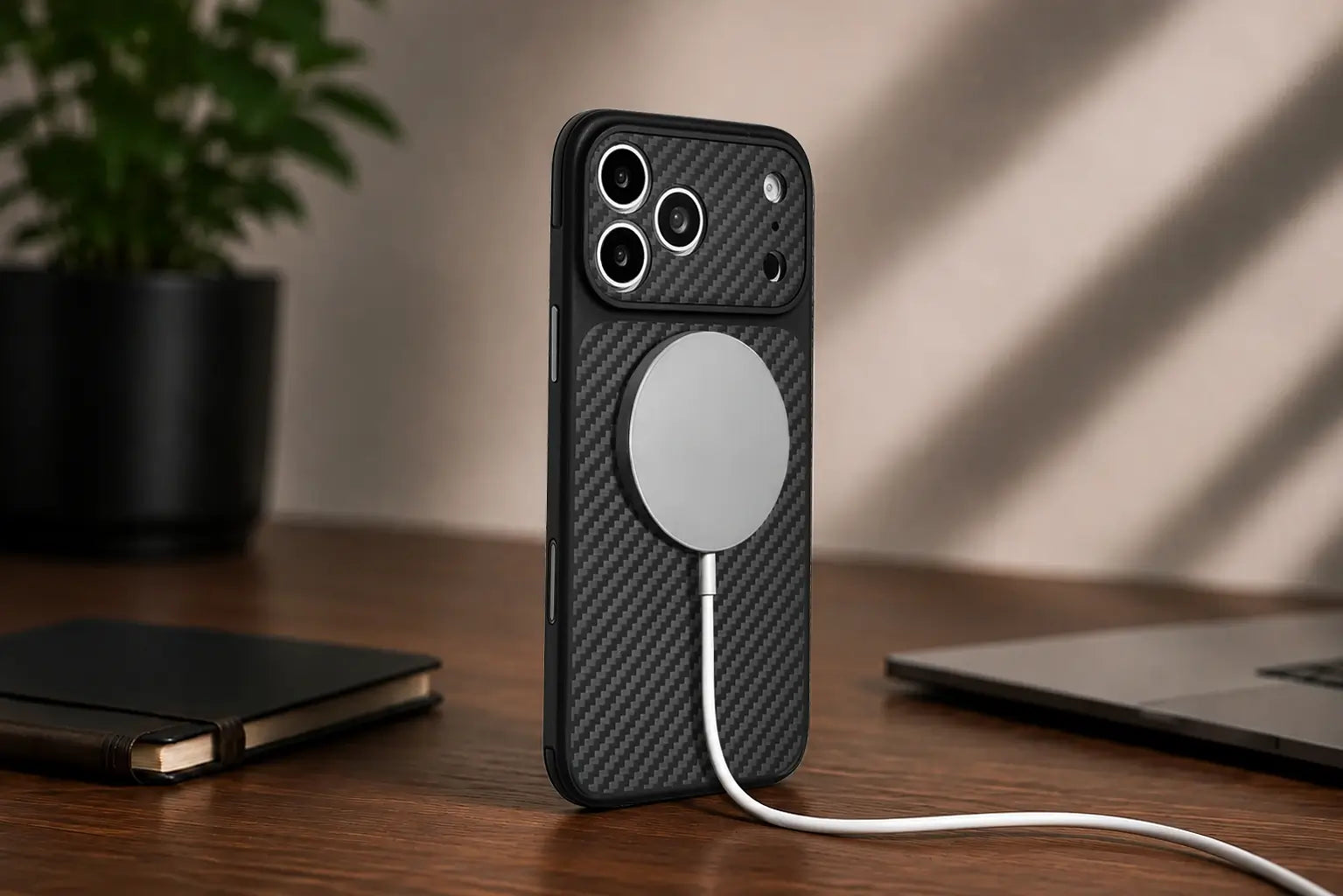 Phone case with MagSafe feature on a wooden surface