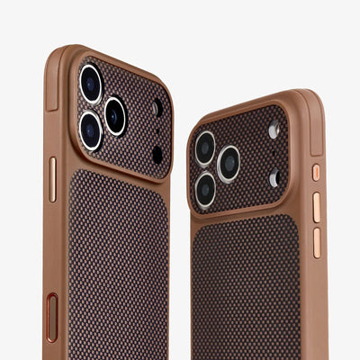 Brown textured phone case with camera cutout on a white background