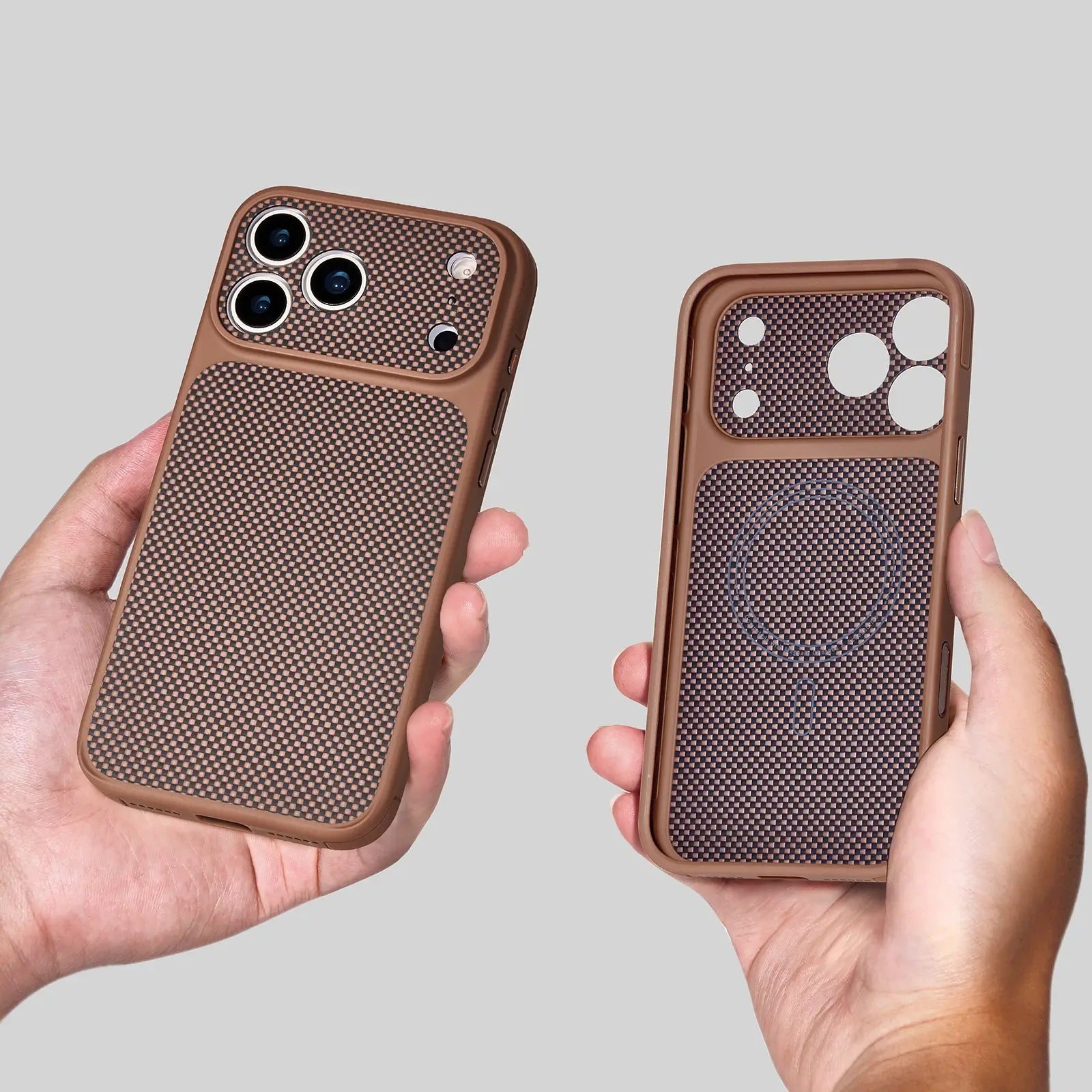 Two phone cases with a textured brown design held by hands against a gray background